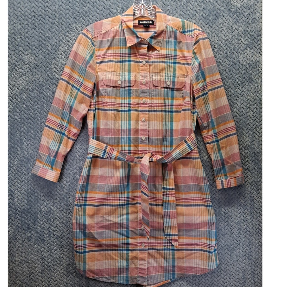 Lands End Womens Plaid Shirt Dress XS 2-4 Cotton Tie Waist Long Sleeve Multi